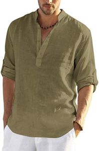 COOFANDY Men's Cotton Linen Henley Shirt Long Sleeve Hippie Casual Beach T Shirts Army Green