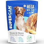 SUPERCAN Mega Mix Dog Chews Variety Pack [2lb-900g] 100% Natural Highly Digestible Rawhide Free Long Lasting | Bully Sticks, Pig Ear, Cow Ear, Tendons, Esophagus, Lung, Liver, Bone and Tails.