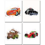 Cars Watercolor Prints - Set of 4 (8 inches x 10 inches) Wall Art Decor Kids Bedroom Photos Lightning McQueen Tow Mater Francesco Bernoulli Sheriff