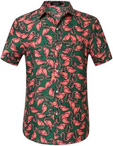 Hawaiian Shirt for Men, Flamingo Shirt, Tropical Shirts for Men Summer Short Sleeve Button Down (4X-Large, Green Pink)