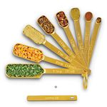 2LB Depot Gold Measuring Cup Set - 7pc Stainless Steel, Narrow Long Handle Design Fits Spice Jars - Leveler Included