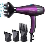 Basuwell Hair Dryer Professional Ionic Hairdryer 2100W Salon Fast Blow Dryers 3 Heat 2 Speed Settings Low Noise Far Infrared AC Motor with Hair Diffusers/Nozzle/Comb/UK Plug - Purple