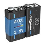 Ansmann 9V size Rechargeable Batteries [Pack of 2] 280mAh 8.4V NiMH Low Self-Discharge E-Block Size Battery Walkie Talkies, Speakers, Microphones, Multimeters, Toys - Black