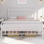 Yaheetech Queen Size Bed Frame Metal Platform Bed with Petal Accented Headboard/Footboard/Under Bed Storage/No Box Spring Needed, White