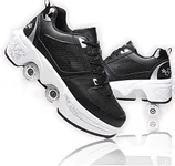 Roller Skate Shoes for Women, Double-Row Deform Quad Skates, Automatic Walking Skates with Detachable Wheels, Skating Shoes for Girls & Boys (Black Silver, US 8.5)