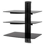 3 Tier Black Wall Shelf Mount Glass Floating DVD Player Sky Box ps xbox Cable Boxes Audio Gaming Systems Floating Shelves with Flat Wall Mount Bracket & Strengthened Tempered Glass media Shelf