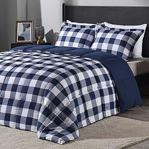 downluxe Lightweight Plaid Comforter Set (Twin) with 1 Pillow Sham - 2-Piece Set - Blue/White Plaid - Down Alternative Reversible Comforter