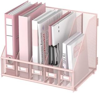 SUPEASY Desk Organizers Metal Desk Magazine File Holder with 5 Vertical Compartments Rack File Organizer for Office Desktop, Home Workspace, Pink Plus