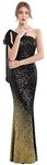 Angel-fashions Women's Asymmetric Ribbon Gradual Sequin Mermaid Long Prom Dress Classic Black Gold Size 4
