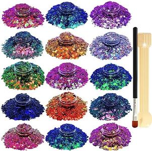 Nail Glitter SUPGIFT 15 Colors 130g Holographic Chunky Cosmetic Chameleon Sequins for Makeup Hair Body Art Slime Craft Resin with Brush 5 Spoons