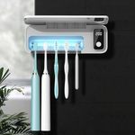 UV Toothbrush Sanitizer Holder, 5 Slots Wall Mounted Tooth Brush Holder for Bathroom, Rechargeable Toothbrush Cleaner, No Drilling, Perfect for Family Use - White