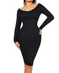 FeelinGirl Women's Long Sleeve V Neck Bodycon Sweater Dress Ribbed Slim Fit Shaper Built in Bra Midi Dress Black