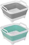 Tiawudi 2 Pack Dishpan for Washing Dishes, Wash Basin with Draining Plug Carry Handles, Collapsible Bucket for Cleaning, Portable Sink, Foldable Plastic Tub, 2.4Gal/9L Each, Green and Grey