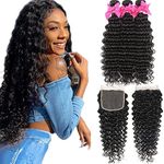 Lace Rosa 9A Brazilian Virgin Hair Deep Wave 3 Bundles with Free Prat Closure(12 14 16+10,lace closure)100% Unprocessed Natural Color Can Be Dyed and Bleached