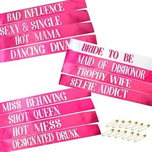 12 PCS Bachelorette Sashes Set, Bride to Be Team Bride Sash Maid of Honor Bridesmaid Sash for Bridal Shower and Hen Party Decorations Favors, Hot Pink