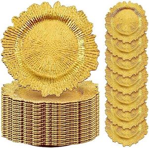 Rtteri 50 Pcs 13 Inch Charger Plates Bulk Plastic Wedding Chargers with Floral Reef Design Decorative Round Ruffled Rim Dinner Plates for Wedding Party Event Table Setting Decoration(Gold)