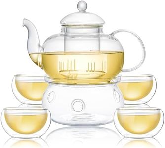 CnGlass 33.8oz Glass Teapot with Removable Infuser,Stovetop Safe Tea Kettle with 4-Pack Glass Teacups 3.4oz and Glass Tea Warmer 5.3 in/13.5cm Diameter