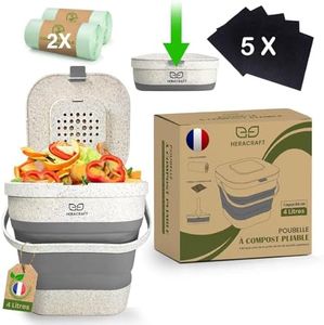 Compostador de cocina para apartamento plegable con tapa, pequeño cubo de basura de cocina para alimentos antiolores, con kit de 12 meses, 5 filtros de carbón + 2 rollos de bolsas de basura