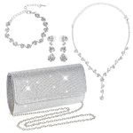 Rbenxia 4 Pieces Women Evening Rhinestone Jewelry Set Bling Glitter Silver Clutch Purse Necklace Earrings Bracelets for Women Bride Wedding Evening Party