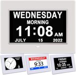 Yuanzeco Alarm Clock With Day And Date For Elderly 3Displays 7inch Digital Calendar Day Clock Photo Frame- Auto Dimmable Display 15 Alarm Options, Day Clock with Non-Abbreviated Day & Month (White)