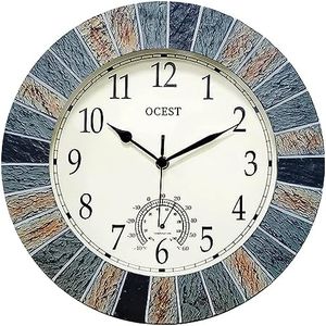 OCEST 13 Inch Large Outdoor Indoor Clock, Waterproof Wall Clock with Thermometer, Weather-Resistant Non-Ticking Battery Operated Decor Clock for Patio, Pool, Lanai, Fence, Porch, Garden（Brown）