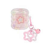 Ownest Compatible with AirPods 1/2 Case Cute Wave Frame Star Pattern Design with Bell Star Keychain Soft Clear TPU Shockproof Case for Girls Women for AirPods 1st/2nd Generation -Pink