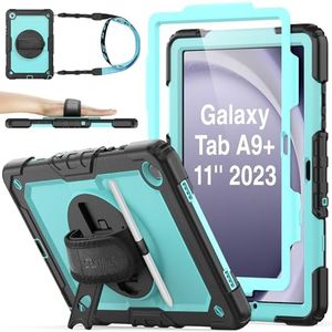 SEYMAC stock Funda para Samsung Galaxy Tab A9 Plus 11'' 2023, Carcasa Rugosa con Protector de Pantalla/Portalápiz/Soporte Rotación/Correa de Mano para Samsung Tab A9+ Plus, Azul Claro