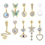 MILACOLATO 14G Belly Bar Belly Button Ring Kit 316L Surgical Steel Dangly Belly Button Piercing Jewellery Long Chain CZ Moonstone Snake Heart Butterfly Belly Bar Pack Silver Gold 10Pcs 10GGreen