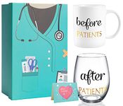 PUGED Before Patients After Patients Gift Set 11 oz Coffee Mug and 18 oz Stemless Wine Glass with Gift Package for Dentist Nurses Day Graduation Gifts (Blue)