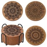 12 Pcs Cork Coasters For Drinks Absorbent Drink Coasters With Holder Mandala Cup Coaster Set Round Cup Mats Wood Coasters For Mugs, House Warming Gifts, Man Cave Decor, Coffee Table Decor, Living Room