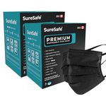 SURESAFE Premium Black Mask - Disposable Face Mask Pack of 200, 3 Ply face mask with ear loop, High Filtration, Individually Wrapped