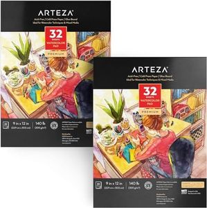 ARTEZA Watercolor Paper 9X12 Inch, Pack of 2, 64 Sheets (140Lb/300Gsm), Cold Pressed Art Sketchbook Pad for Painting & Drawing, Wet, Mixed Media