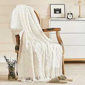 inhand Knitted Throw Blankets for Couch and Bed, Soft Cozy Knit Blanket with Tassel, Off White Lightweight Decorative Blankets and Throws, Farmhouse Warm Woven Blanket for Men and Women, 60"x80"