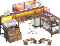 ODK L Shaped Desk with File Drawer, 66" Reversible L Shaped Computer Desk with Power Outlet & LED Strip, Office Desk with Storage Shelves, Gaming Desk with Monitor Shelf, Corner Desk, Vintage