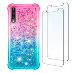 SHYXGLON for Samsung A50 Case and [2 Pack] Screen Protector Tempered Glass, Glitter Clear Liquid Sparkly Crystal Cute Girl Cover Tough Silicone Shockproof Case for Samsung Galaxy A50 (Pink/Blue)