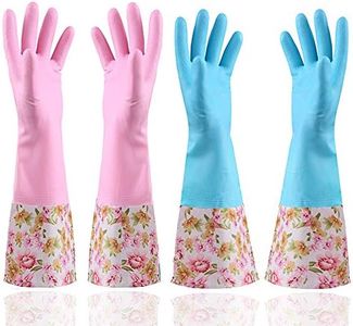 KINGFINGER Rubber Latex Waterproof Dishwashing Gloves,Long Cuff and Flock Lining Household Cleaning Gloves 2 Pair Medium