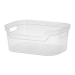 Sterilite 5.25x9.5x13 In Medium Polished Open Scoop Front Storage Bin w/ Comfortable Carry Through Handles for Household Organization, Clear (32 Pack)