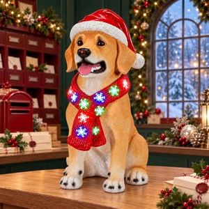 19.7 Inch Lighted Christmas Dog Statue with Santa Hat and Snowflake Scarf | Battery-operated resin decor with colorful snowflake lights; for indoor and outdoor holiday displays on porches and patios