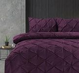 Linen Home Pintuck King Size Duvet Cover Set DAMSON Pinch Pleat Soft Microfibre King Bed Quilt Cover with 2 Pillowcases, Easy Care Wrinkle Free King Bedding Set of 3 Pcs (Damson, King)