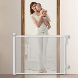 Retractable Baby Gate Durable Portable Mesh Gate Easy Installation 86CM Tall Stretches 140CM Wide for Large Stairs Retractable Dog Gates for Doorways Stairs Indoor Outdoor(White,86CMx140CM)