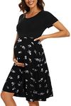 WOOXIO Women's Fashion Short Sleeve Maternity Dress with Pockets Patchwork Pregnancy Clothes Black-Floral Black White,M