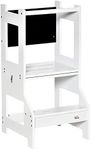 HOMCOM 2 in 1 Kids Kitchen Step Stool with Safety Rail Toddler Steps with Chalkboard for Kitchen Bathroom, White