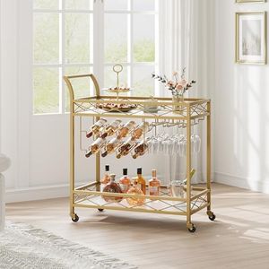 Amyove Gold Bar Cart, 2 Tier Bar Carts for The Home, Bar Carts with Wheels, Serving Cart with White Marble Finish Wood Shelf, Wine Rack & Glass Holder for Kitchen, Living Room, Dining Room