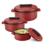 Milton Micronova Jr. Gift Set Inner Stainless Steel Casserole, Set of 3 (380 ml, 775 ml, 1345 ml), Red, BPA Free, Food Grade, Hot and Cold, Microwaverable Steel, Dishwasher Safe, Chapati, Roti