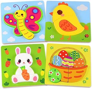 4 Pack Wooden Puzzles Toddler Toys, Easter Basket Stuffers for Toddler, Easter Gifts for Babies Boys Girls, Montessori Toys for 1 2 3 Year Old Baby, Educational Wood Animal Chunky Puzzles
