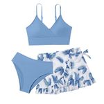 Girls 3 Piece Swimsuits With Skirts Cover Up High Waist Bathing Suit Beach Sport Spaghetti Strap Bikini Tops Pants Quick Dry Swimming Costume Summer Holiday Surfing Teen Kids Swimwear For 8-18Years