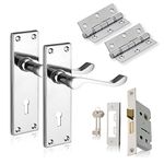 XFORT Chrome Elegance Range Polished Chrome Victorian Lever Lock Pack, Complete Set with Lock Door Handles, 65mm Sashlock and 75mm Ball Bearing Hinges, for Internal Wooden Doors