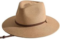 FURTALK Womens Summer Straw Sun Hats Wide Brim Panama Fedora Beach Hat with Wind Lanyard UPF 50+ Khaki