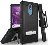 Black Tri-Shield Rugged Case Cover and Belt Clip Holster [with Metal Kickstand + Wrist Strap Lanyard] for AT&T LG Xpression Plus 2 Phone (LMX420)