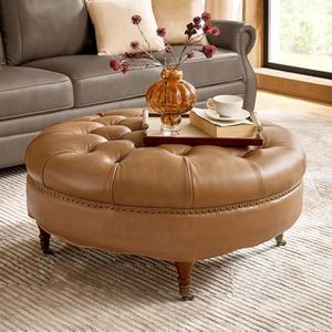 HULALA HOME 40" Genuine Leather Coffee Table with Rolling Wheels, Camel